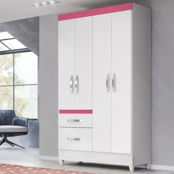 Guarda Roupa 4 Portas Madri Branco Rosa Azul - Image 3