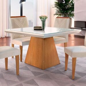 Kit Mesa de Sala Jantar Luna c/Tampo Madeirado Vidro Reto 90cm-Rufato