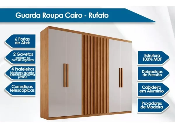 Guarda Roupa 6 Portas E 2 Gavetas Cairo Naturale/off White - Image 8