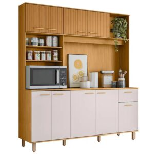 Cozinha Compacta Poliman Nuria com 9 Portas, 1 Gaveta e 4 Prateleiras - 180cm de largura - Freijo Ripado/Off Acetinado
