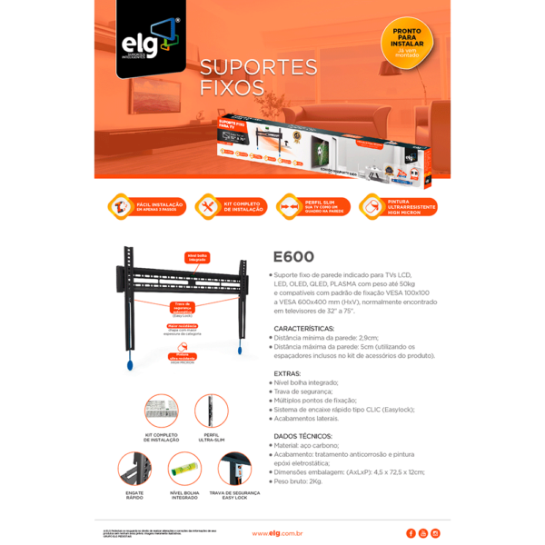 Suporte ELG Fixo E600 32'' a 75'' suporta até 50 Kg, Padrão VESA: 100x100 a 600x400 mm Preto GO - 278799 - Image 3