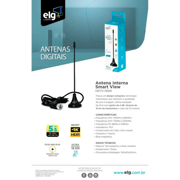 Antena Interna ELG Smart View 2,5 Metros com Sinal Digital 4K HDR HDTV, UHF, VHF Preto GO - 283094 - Image 2