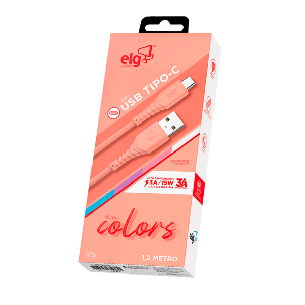 Cabo USB ELG Tipo C Emborrachado 3A / 15W - 1,2 Metro Salmão TC12R GO - 283027 - Image 2