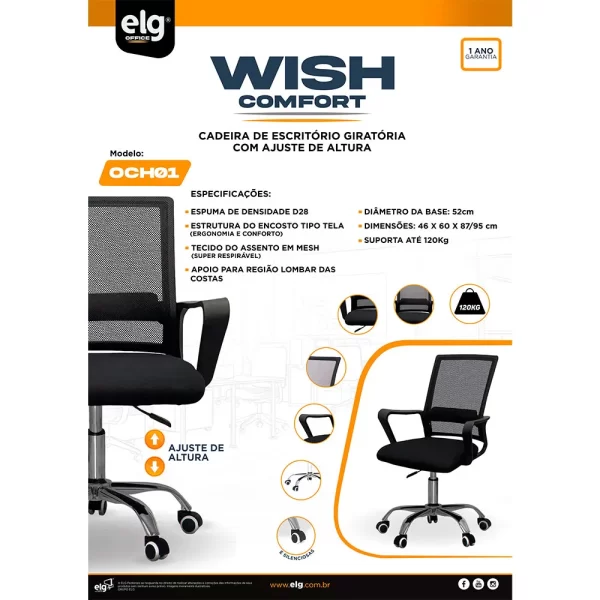 Cadeira Office Giratória ELG Preta, Wish Comfort, com ajuste, OCH01 GO - 15071 - Image 2