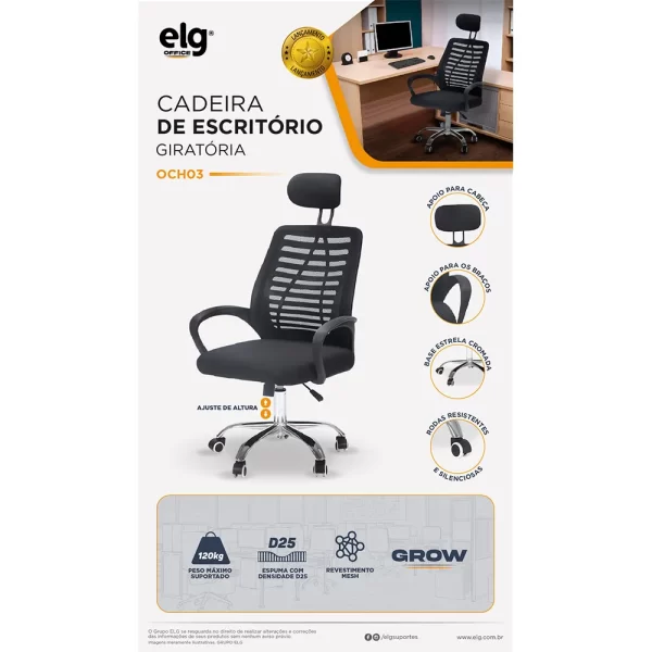 Cadeira De Escritorio ELG, Modelo OCH03 Grow, Giratória e com Ajuste Preta GO - 15074 - Image 2